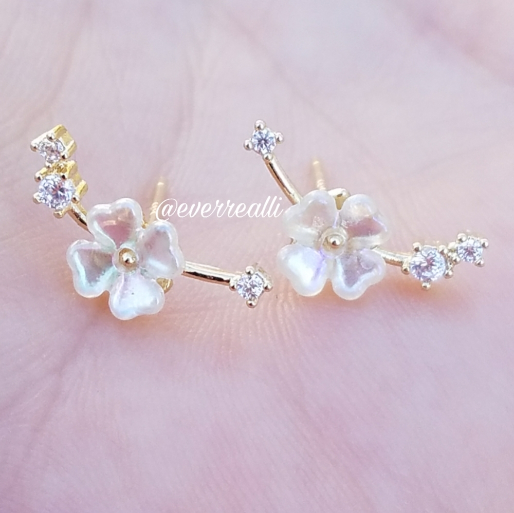 Tiny Gold Delicate Iridescent Flower Earrings - Picture 4 of 4
